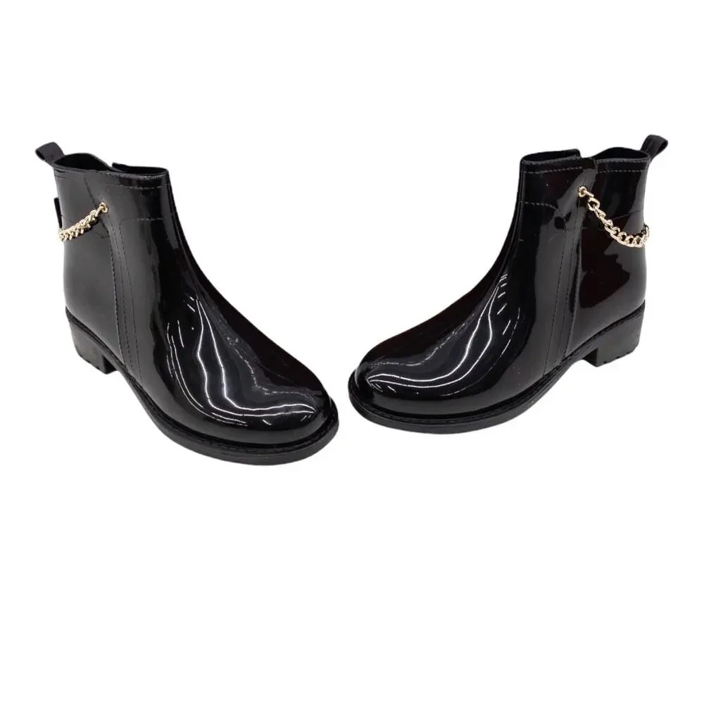 Henry Ferrera Black Patent Chain Accent Relax Urban Chic Rain Boots 9 Women's